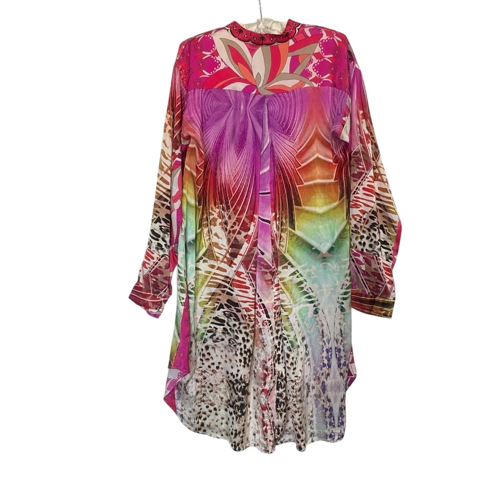 Unbranded Colorful Printed Silk MIDI Low High Shirt Dress Sz M Whimsical Festive